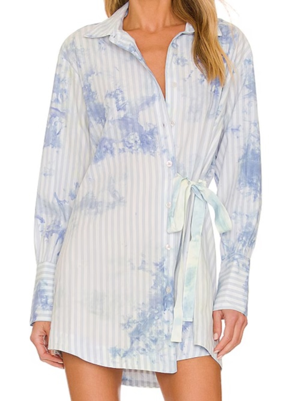 Free People Nola Blue Tie Dye Striped Wrap Shirt Dress